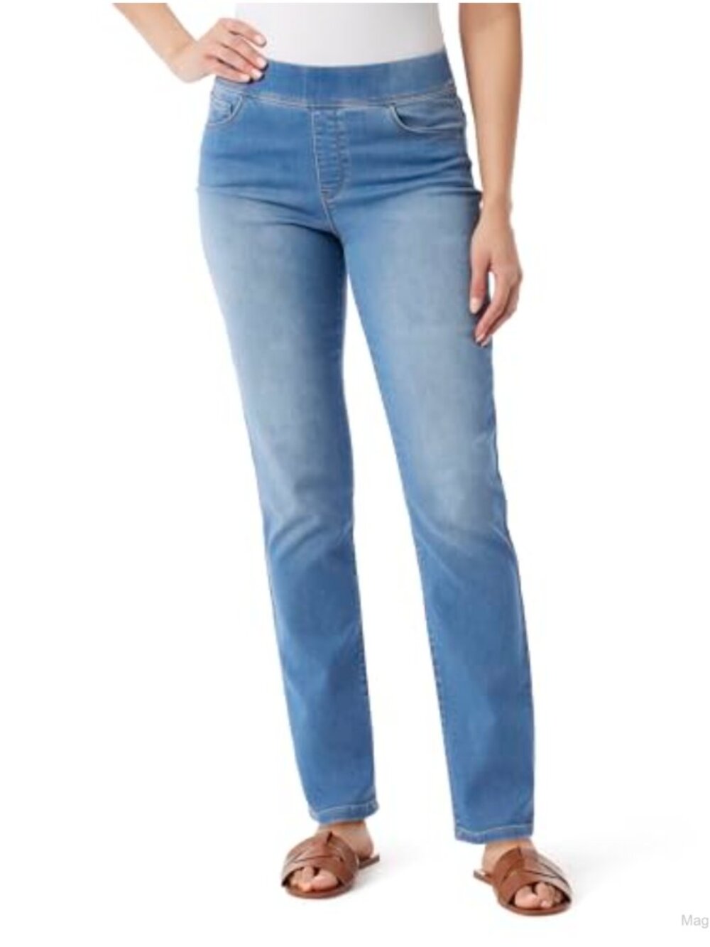 Pull On High Rise Jeans Knit Denim Comfort Waist Slim Straight Leg